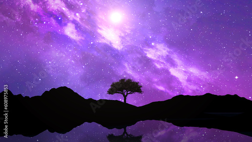 3D landscape with tree silhouetted against a night time space sky photo