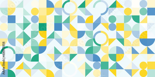 Abstract geometric pattern in fresh green, yellow and blue colors. Simple shapes, form and figures mosaic background. Neo geo style print, vector illustration. Horizontal wide design template