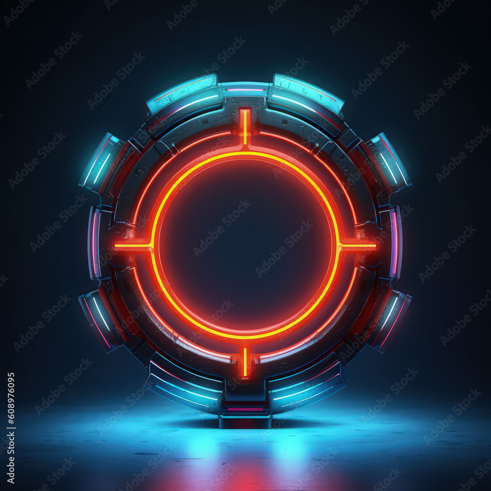 Abstract neon cyberpunk circle frame on dark background made with