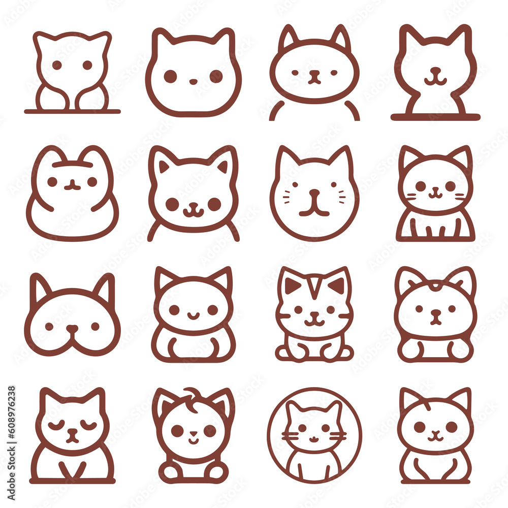Cute Cartoon cat, kitten face line vector sticker set isolated on white
