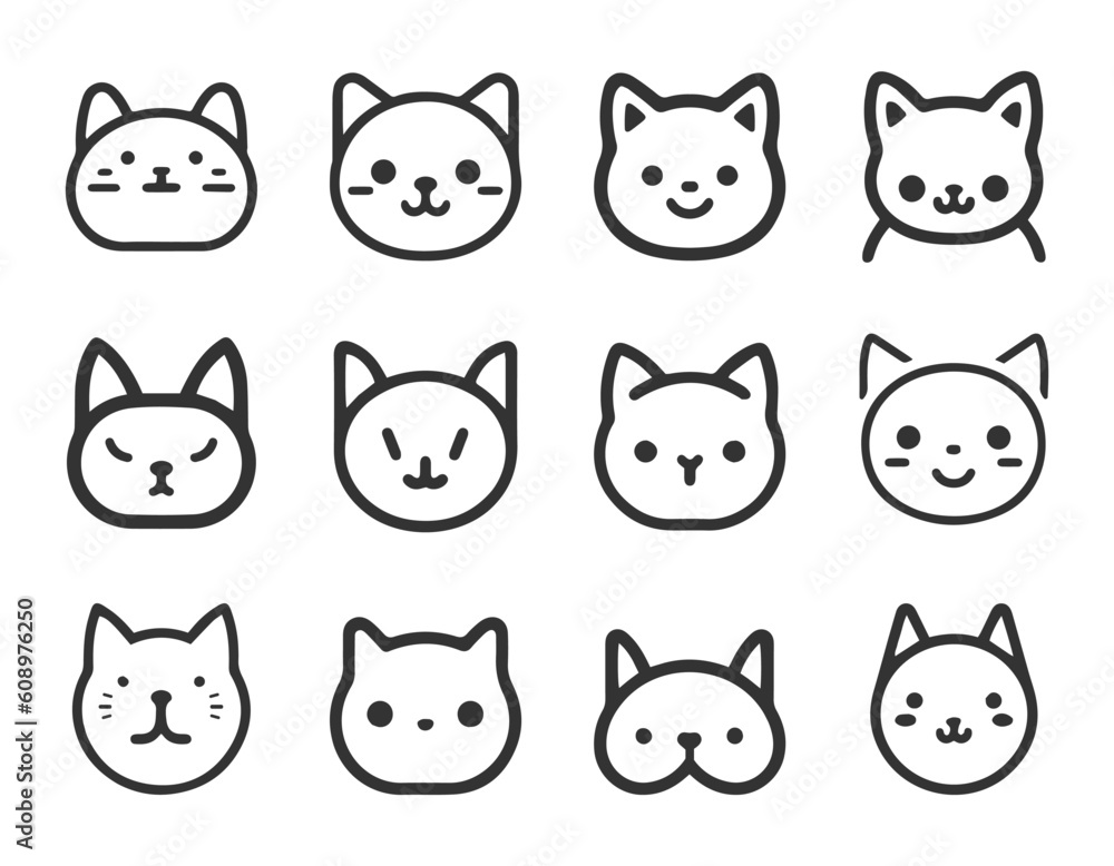 Cute Cartoon cat, kitten face line vector sticker set isolated on white