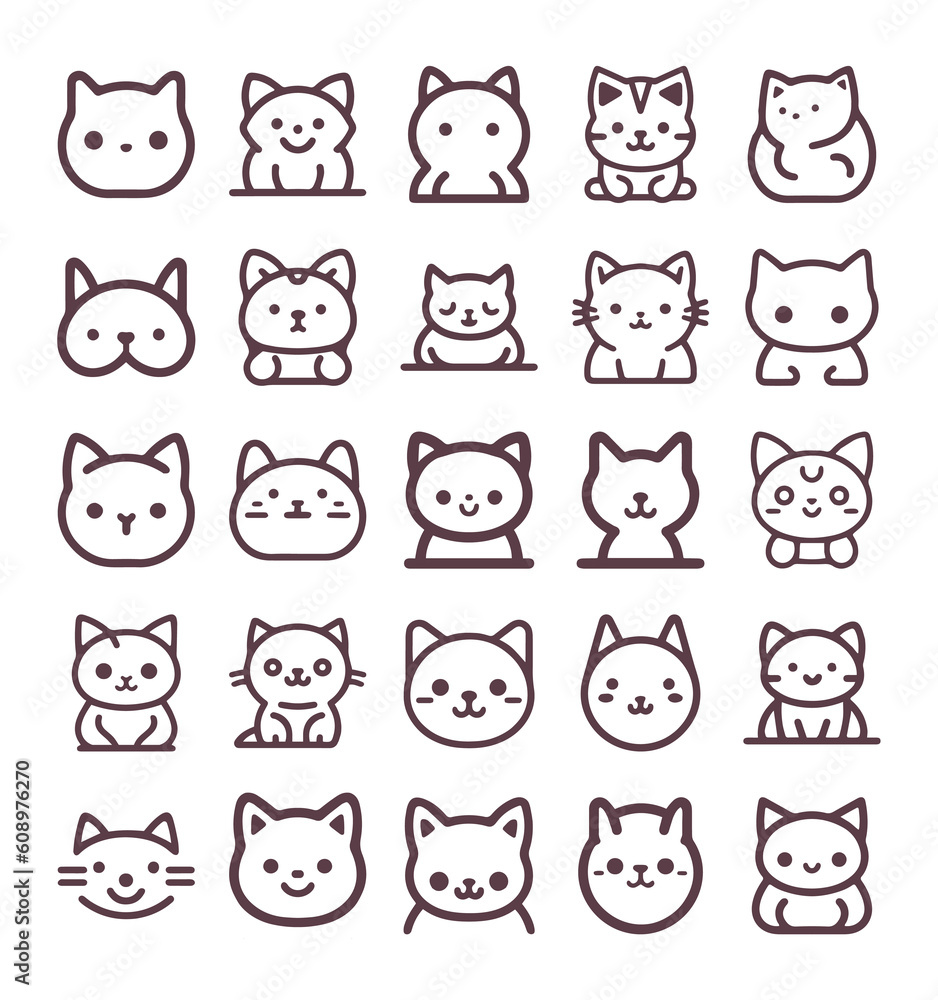 Cute Cartoon cat, kitten face line vector sticker set isolated on white Cute Cartoon cat, kitten face line vector sticker set isolated on white
