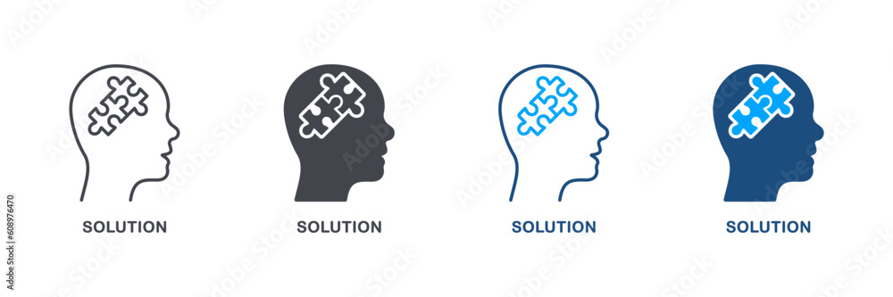 Creative Idea, Person Brain and Jigsaw Pieces Silhouette and Line Icon Set. Puzzle in Human Head Solution Pictogram. Brainstorm Intellectual Process Symbol Collection. Isolated Vector Illustration