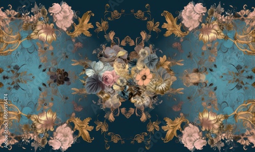 Intricately designed rococo blooms in a dreamy floral pattern. Creating using generative AI tools