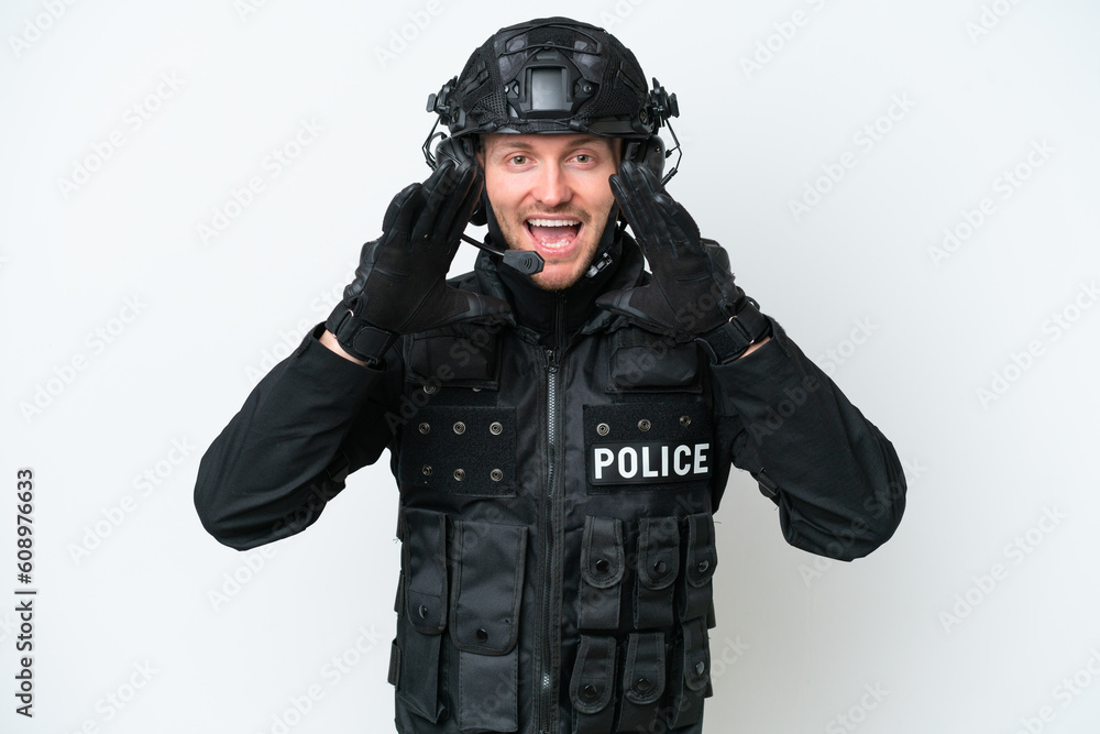 SWAT man over isolated white background shouting and announcing something SWAT man over isolated white background shouting and announcing something