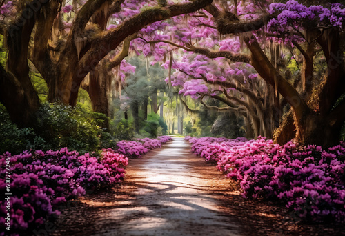 The mesmerizing azalea pathway at Magnolia Plantation and Gardens, in the vibrant burst of colors and enchanting ambiance of spring, generative ai