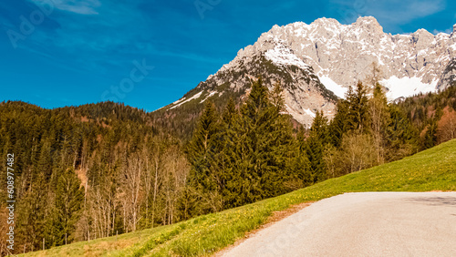 Alpine spring view at the Wochenbrunner Alm, Ellmau, Wilder Kaiser, Tyrol, Austria photo