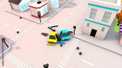 Two vehicles crash, accident vehicles, 3D rendering