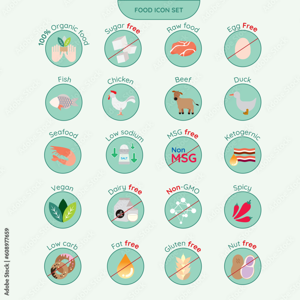 Food icon set minimalist style vector color infographic 