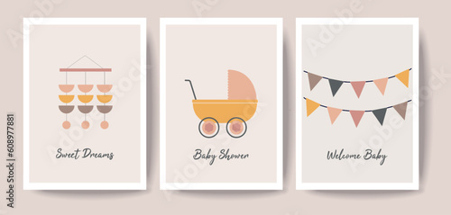 Baby shower girl and boy posters, vector templates. Baby shower pastel invitations with stroller, flags, and hand drawn text on beige background 
