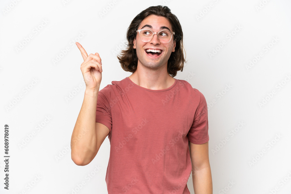 Young handsome man isolated on white background intending to realizes the solution while lifting a finger up Young handsome man isolated on white background intending to realizes the solution while lifting a finger up