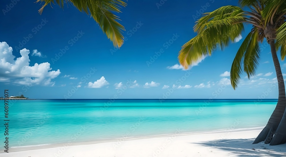 tropical paradise beach with white sand and coco palms travel tourism wide panorama background concept created with generative ai