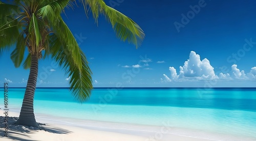 beach with white sand  turquoise ocean  green palm trees and blue sky with clouds on sunny day. summer tropical landscape  panoramic view created with generative ai