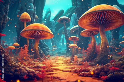 Magical strange world and mushrooms. Generative AI