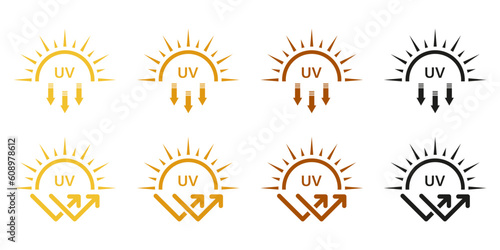 SPF Protection, Sunscreen Lotion Icon Set. Sunblock Cream Label. Skin Protect, Danger UV Sunlight Pictogram. Block Solar Radiation and Ultraviolet Rays Symbol Collection. Isolated Vector Illustration