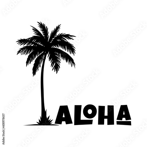 Logo vacaciones en Hawái. Letras de la palabra aloha con letras estilo hawaiano en la arena de una playa con silueta de la palma