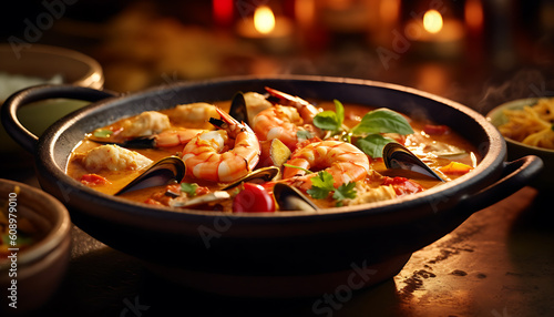 spicy seafood curry with colorful spices vibrant and exotic ingredients, Asian food, generative ai