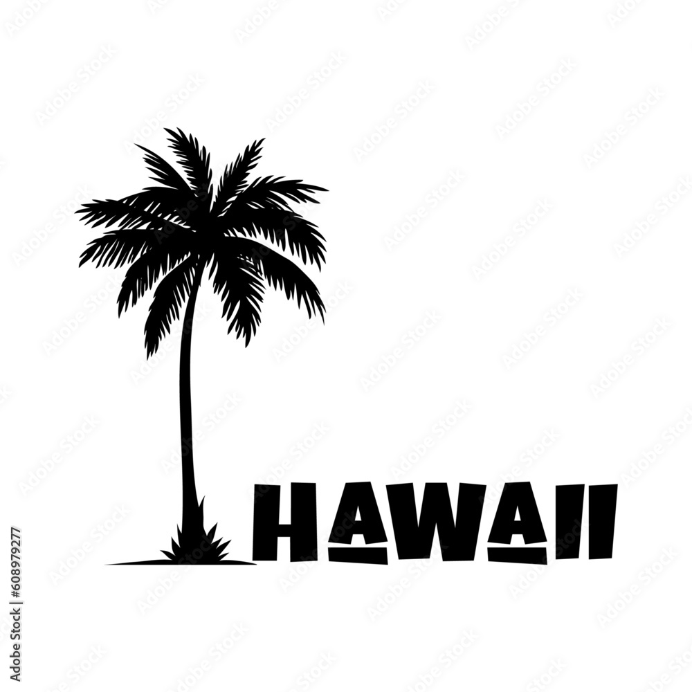 Logo vacaciones en Hawái. Letras de la palabra Hawaii con letras estilo hawaiano en la arena de una playa con silueta de la palma