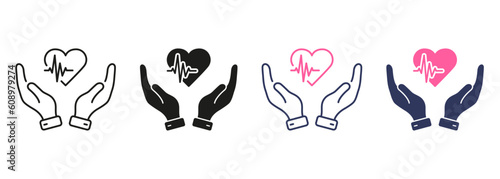 Cardiac Treatment, Care, Help and Diagnosis Symbol Collection. Heartbeat with Human Hand Glyph Pictogram. Heart Beat Rate Frequency Line and Silhouette Color Icon Set. Isolated Vector Illustration