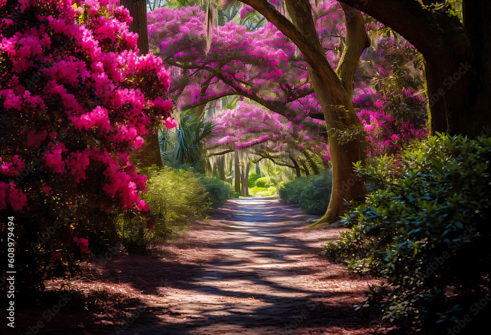 Naklejka premium The mesmerizing azalea pathway at Magnolia Plantation and Gardens, in the vibrant burst of colors and enchanting ambiance of spring, generative ai