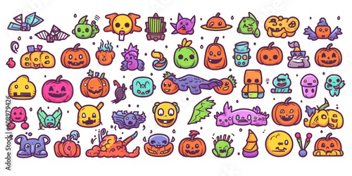 Hand drawn colorful doodle cartoon of objects and symbols on the Halloween theme on white background, illustration. Ai generative.