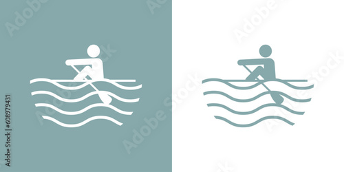 Logo club de piragüismo. Silueta de remero en kayak o canoa con olas de mar