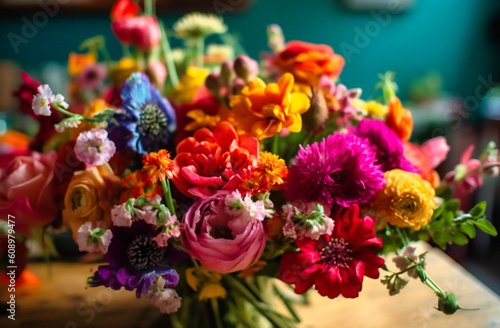 a bouquet of different colored flowers is in the background