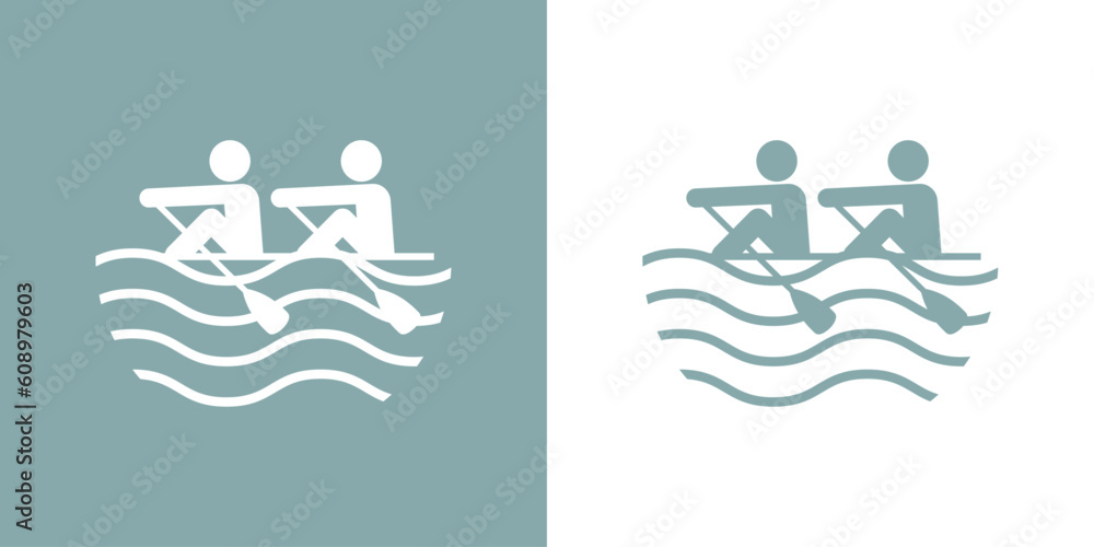 Logo club de piragüismo. Silueta de equipo de remeros en fila en kayak o canoa con olas de mar