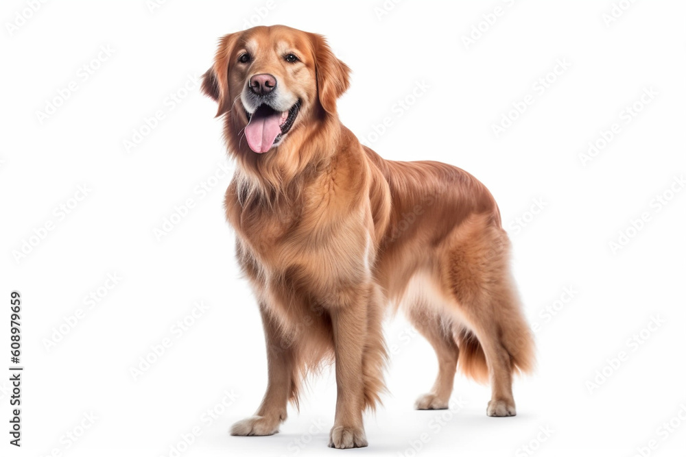Golden retriever dog on white background. Generative AI.
