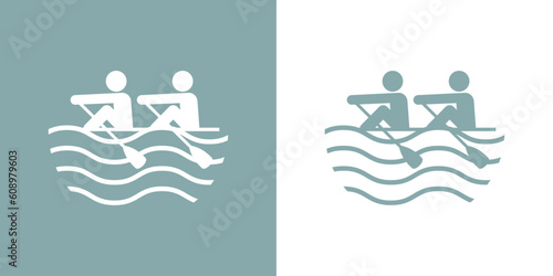 Logo club de piragüismo. Silueta de equipo de remeros en fila en kayak o canoa con olas de mar