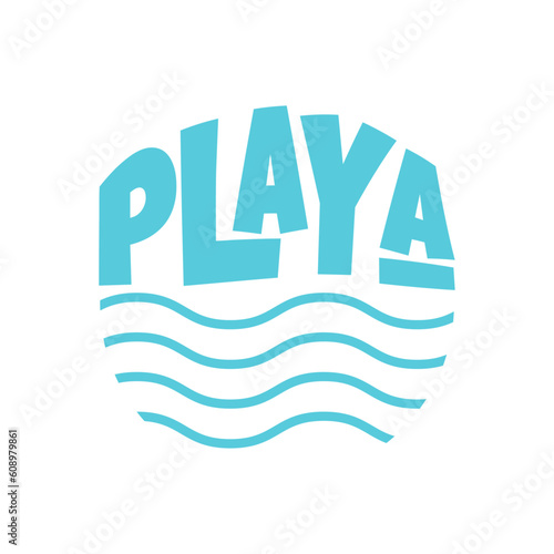 Logo vacaciones de verano. Letras de la palabra playa con letras estilo hawaiano en español con olas de mar con forma de círculo