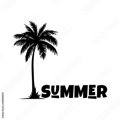 Logo vacaciones de verano. Letras de la palabra summer con letras estilo hawaiano en la arena de una playa con silueta de la palma
