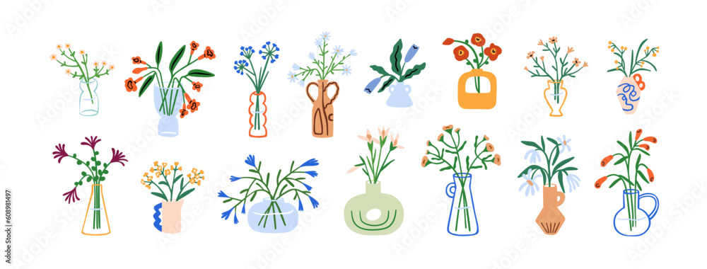 Flower bouquets in vase set. Blossomed floral plants, bunches, posies in glass and ceramic pitchers. Spring and summer field and garden blooms. Flat vector illustrations isolated on white background - obrazy, fototapety, plakaty 