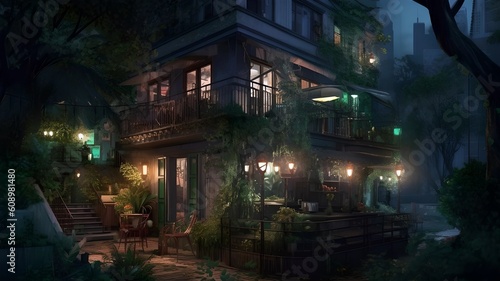 A house with glowing windows at night Generative AI © cherezoff