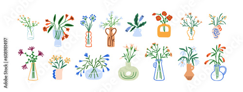Flower bouquets in vase set. Blossomed floral plants, bunches, posies in glass and ceramic pitchers. Spring and summer field and garden blooms. Flat vector illustrations isolated on white background photo