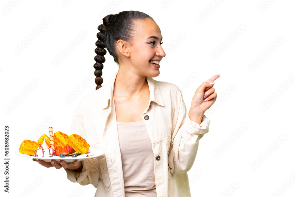 Young Arab woman holding waffles over isolated background pointing finger to the side and presenting a product Young Arab woman holding waffles over isolated background pointing finger to the side and presenting a product