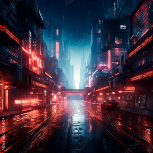 Futuristic neon-lit cityscape. Generative AI
