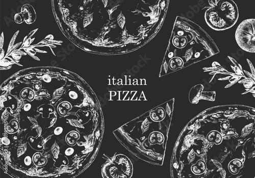 Traditional italian dishes. Hand-drawn illustration of Pizza. Italian food frame. Pizzeria menu design template. Vector. Ink drawing. 