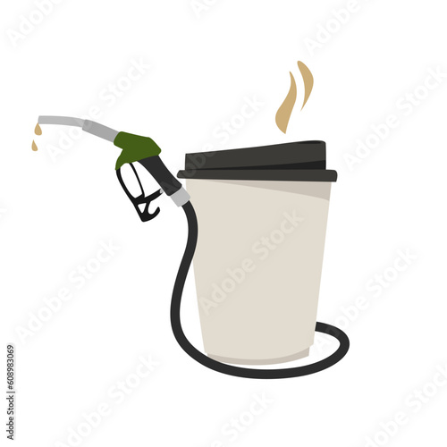 We fill up with coffee and gasoline. Paper coffee cup with a refill gun. Flat simple graphics for gas stations and advertising concepts.
