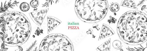 Traditional italian dishes. Hand-drawn illustration of Pizza. Italian food frame. Pizzeria menu design template. Vector. Ink drawing. 