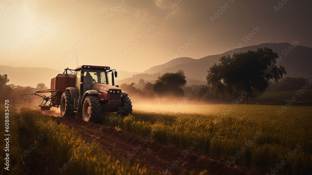 Fototapeta premium a tractor gracefully spraying pesticides on a picturesque plantation field at sunset. The warm golden hues of the setting sun create a stunning backdrop, Generative AI
