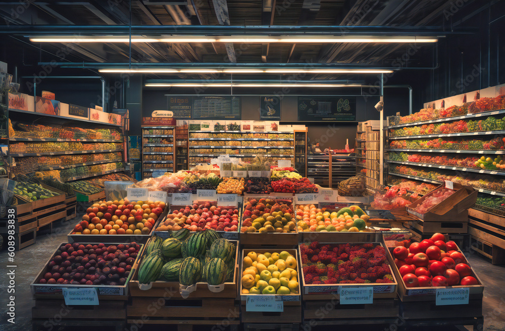 a large grocery store showing fresh foods and fruit