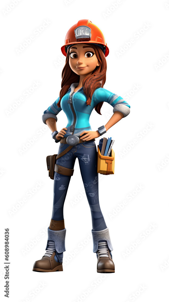 Female construction worker with hard hat 3D character. Isolated background Female construction worker with hard hat 3D character. Isolated background