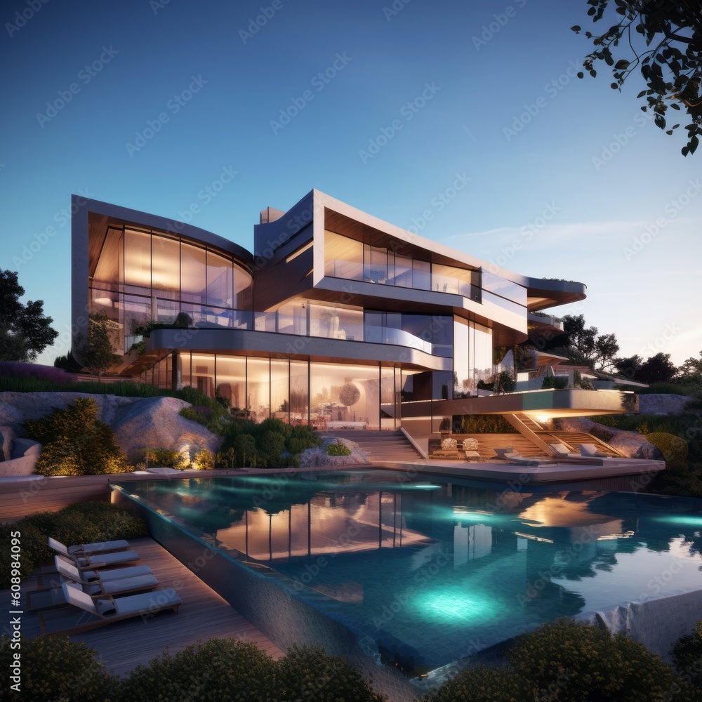 luxury modern mansion with pool (large windows, special design, sun loungers by the pool)