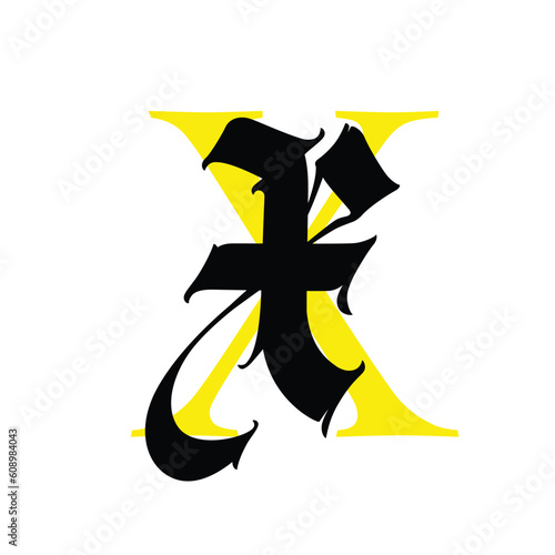 Letter x, in the Gothic style. Vector. Alphabet. The symbol is isolated on a white background. Calligraphy and lettering. Medieval Latin letter. Logo for the company. Monogram. Elegant font for tattoo