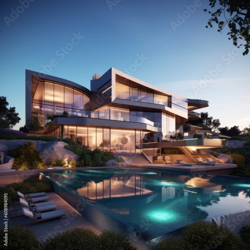 luxury modern mansion with pool (large windows, special design, sun loungers by the pool)