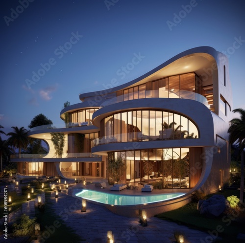 luxury modern mansion architectural design, A 3-storey mansion with large windows, a pool and a garden © Bedirhan