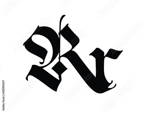Letter r, in the Gothic style. Vector. Alphabet. The symbol is isolated on a white background. Calligraphy and lettering. Medieval Latin letter. Logo for the company. Monogram. Elegant font for tattoo