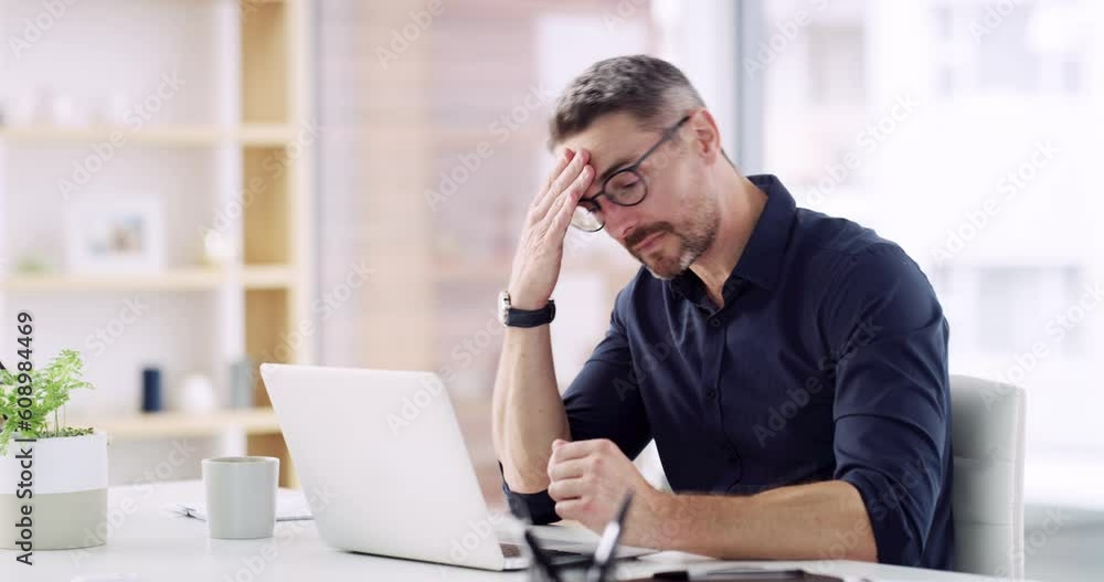 Business man, stress and headache at laptop for eye strain, mental health problem and crisis of brain fog. Tired, burnout and frustrated worker at computer with fatigue, pain and anxiety in office