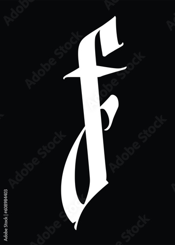 Letter f, in the Gothic style. Vector. Alphabet. The symbol is isolated on a golden background. Calligraphy and lettering. Medieval Latin letter. Logo for the company. Monogram. Elegant font for tatto
